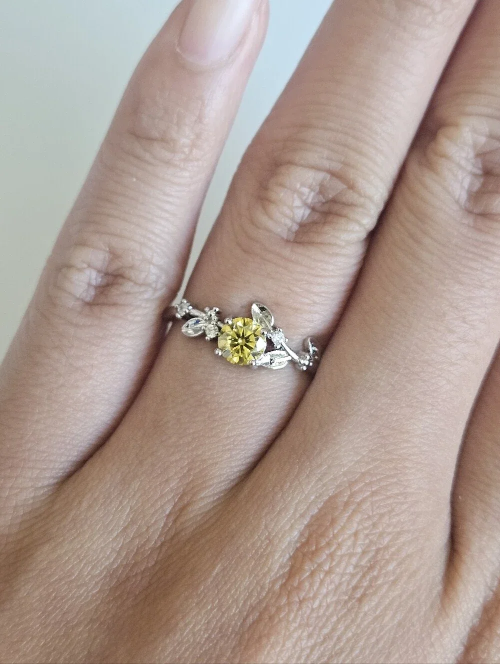 Yellow Round Cut Moissanite Floral Vine Style Ring